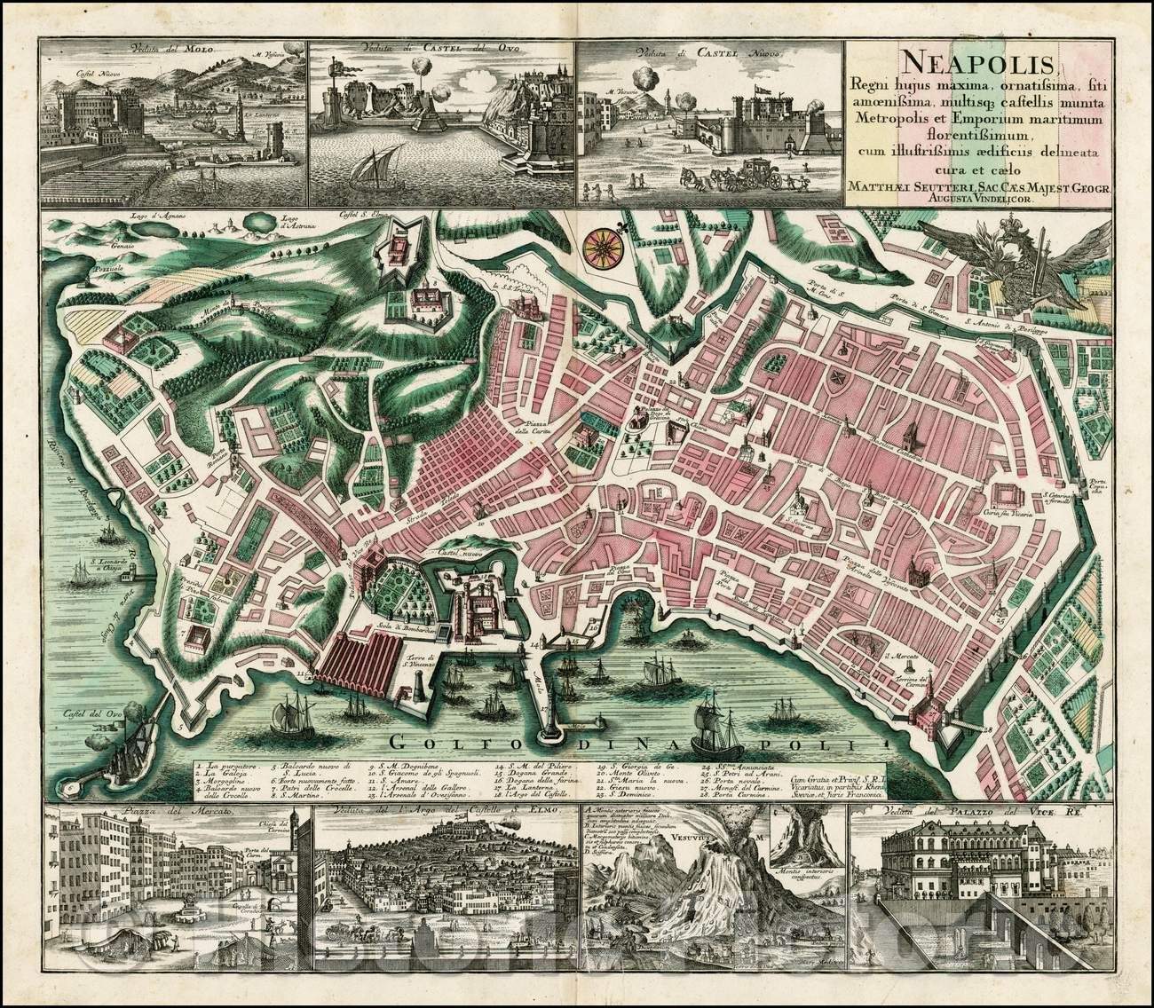 Historic Map - Neapolis, Regni hujus maxima ornatissima, siti amoenissima multisque/Plan of Napoli, with coat of arms in the upper right corner, 1730 - Vintage Wall Art