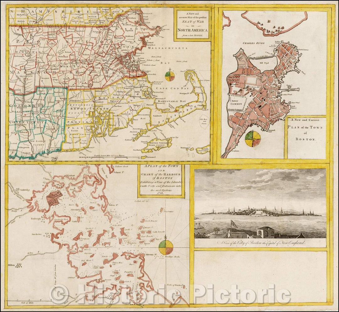 Historic Map - A New and Accurate Map of the Present Seat of War in North America [and] A Plan of the Town and Chart of the Harbour of Boston, 1775 - Vintage Wall Art
