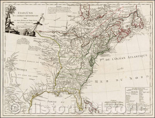 Historic Map - Etats-Unis De L'Amerique Septentrionale Avec Les Isles Royale, De Terre Neuve, De St. Jean, L'Acadie, 1785, Antoine Boudet - Vintage Wall Art