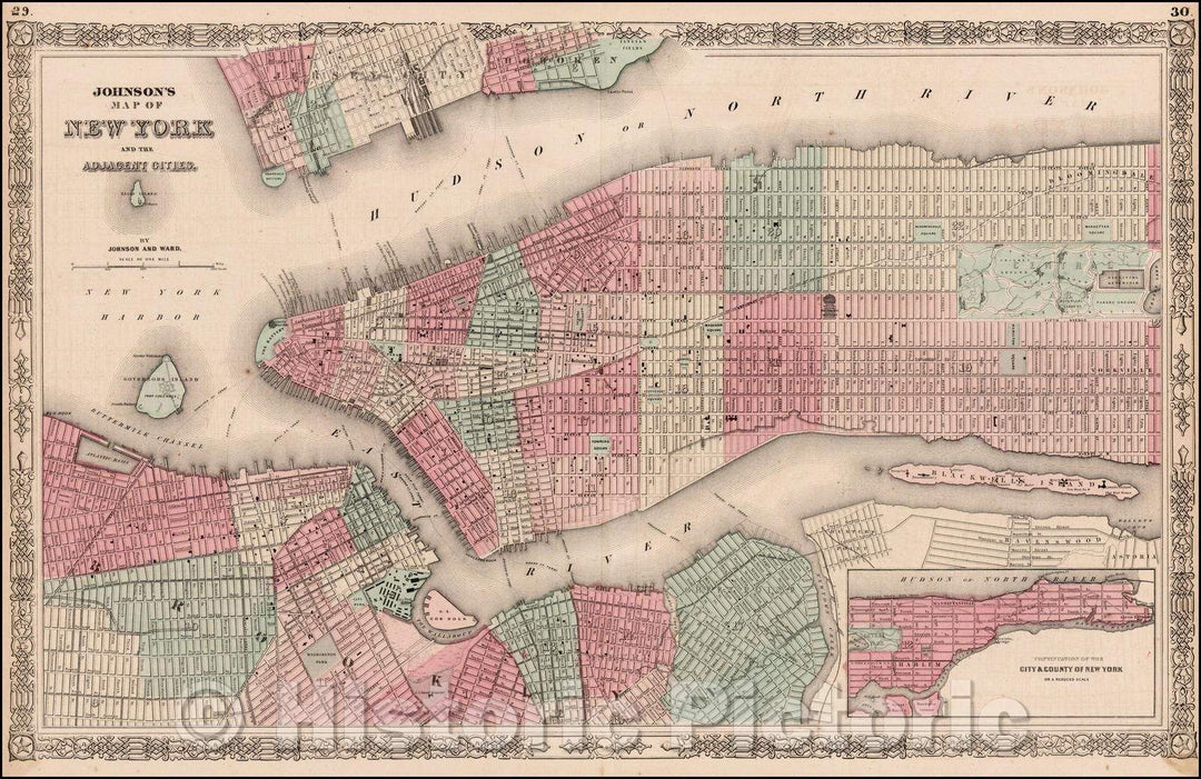 Historic Map - Johnson's Map of New York and the Adjacent Cities, 1865, Benjamin Ward - Vintage Wall Art