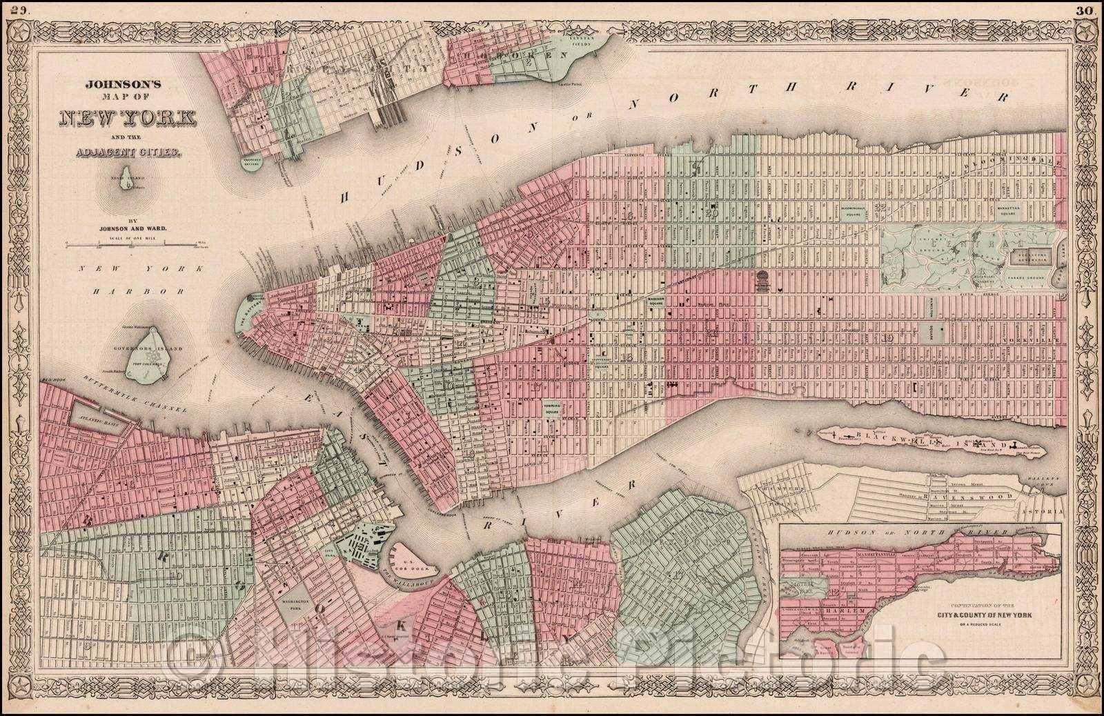 Historic Map - Johnson's Map of New York and the Adjacent Cities, 1865, Benjamin Ward - Vintage Wall Art