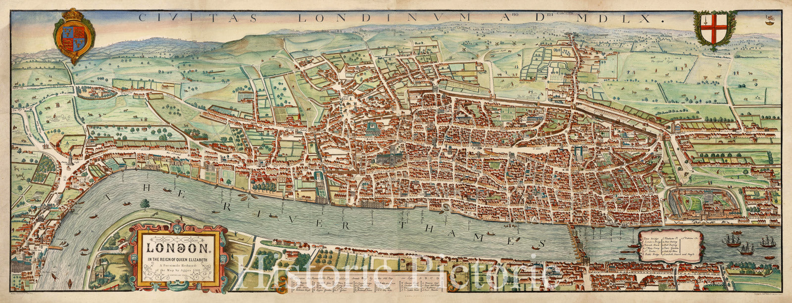 Historic Map - Civitas Londinum Ano Dni MDLX/London in the Reign of Queen Elizabeth, 1560, Edward Weller - Vintage Wall Art