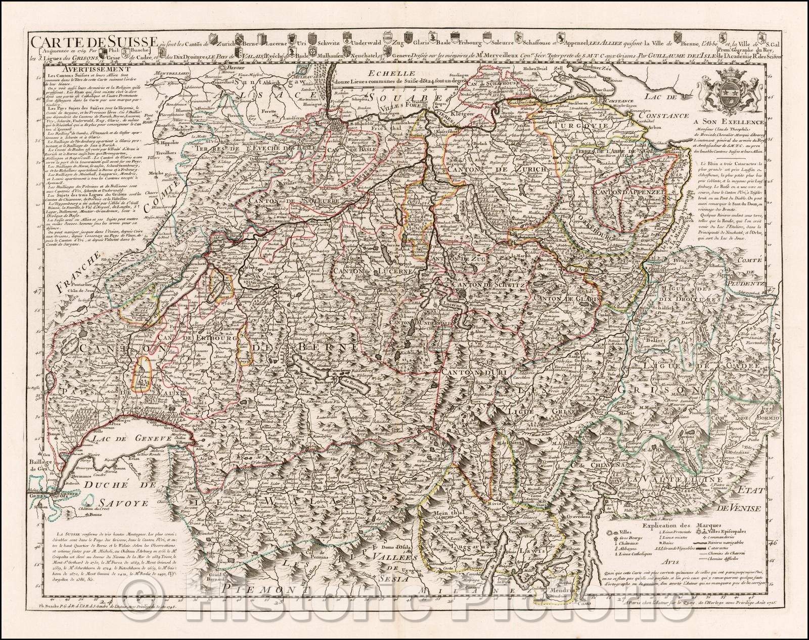 Historic Map - Carte de Suiss ou sont les Cantos de Zurich, Berne, Lucerne, Uri, Schwitz, Underwald, Zug, Glaris, Basle, Fribourg, Souleurre, Schaffouse, 1745 - Vintage Wall Art
