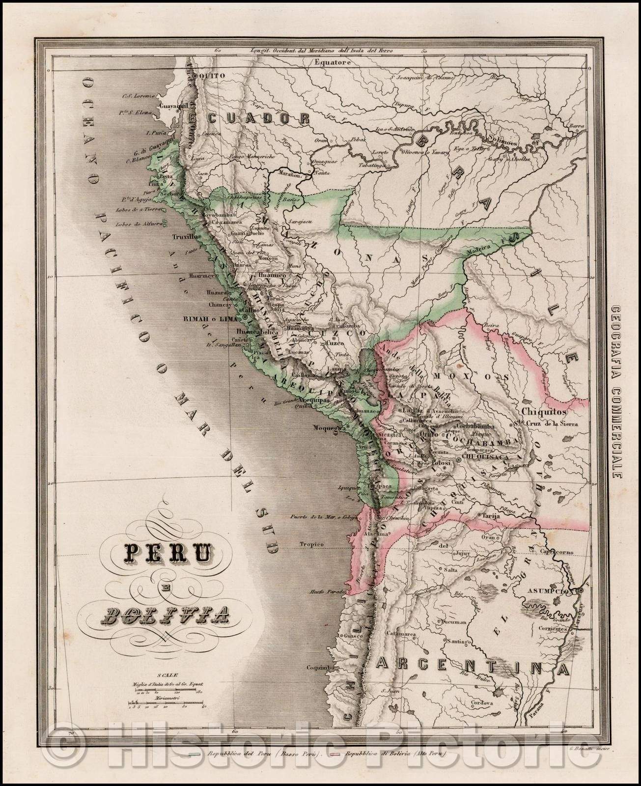 Historic Map - Peru E Bolivia, 1850, Francesco Marmocchi - Vintage Wall Art