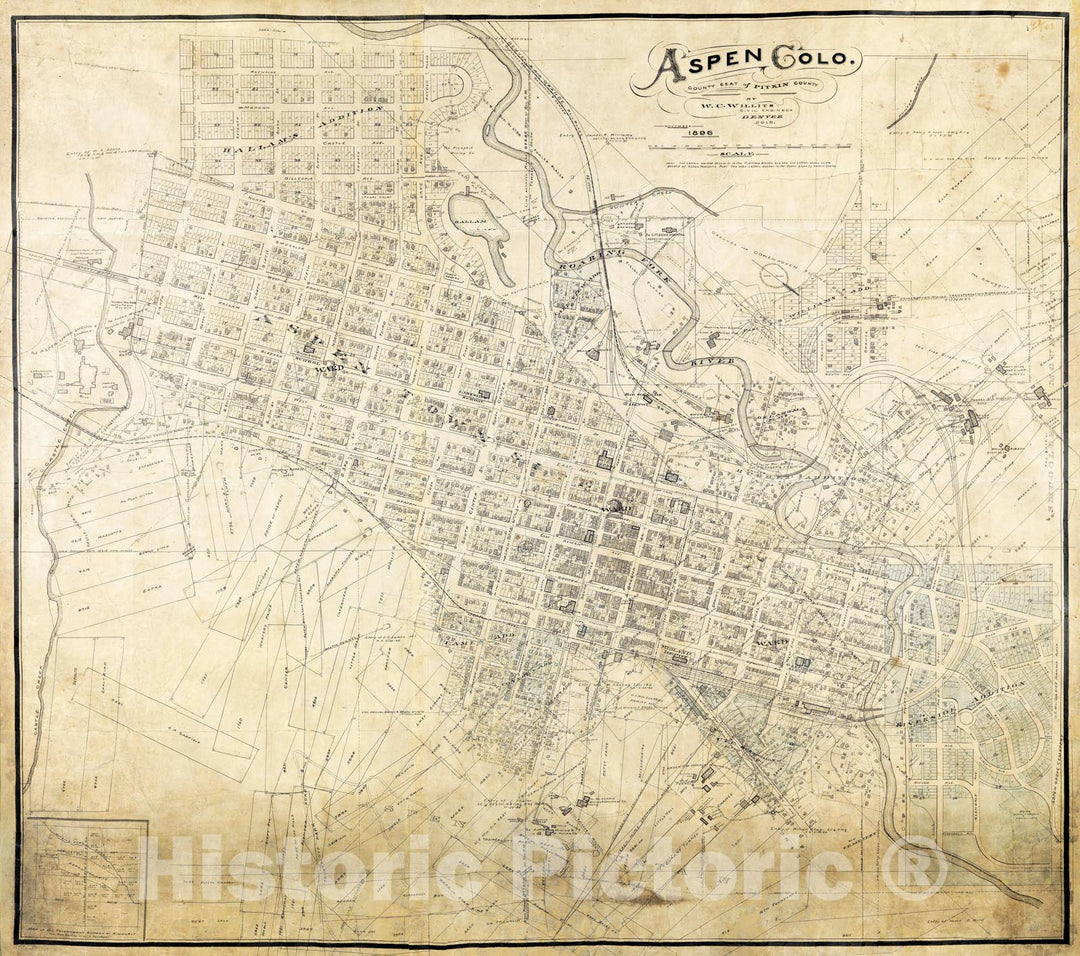 Historic Map - Aspen Colo. County Seat of Pitkin County, 1896, Warren C. Willits - Vintage Wall Art