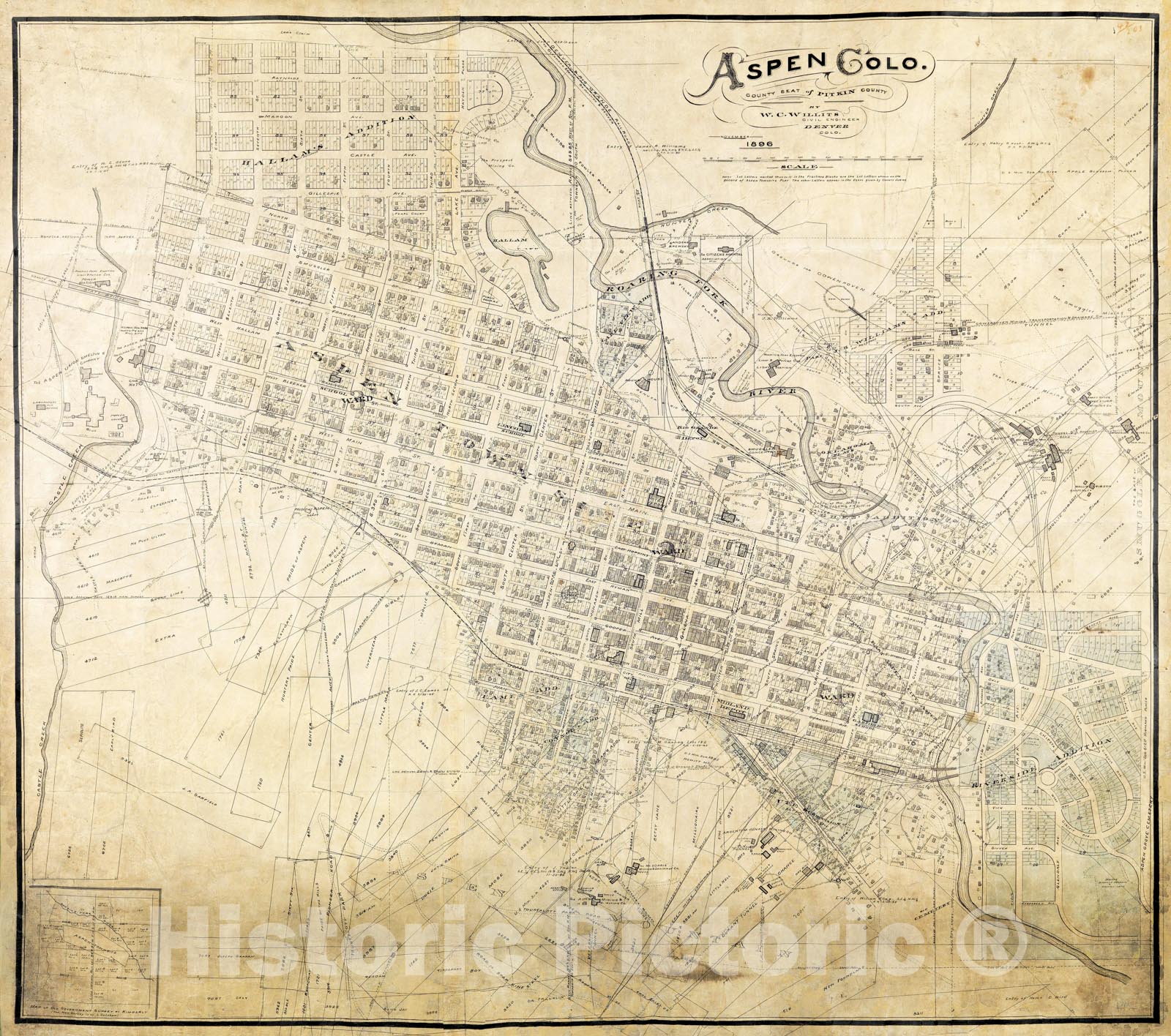 Historic Map - Aspen Colo. County Seat of Pitkin County, 1896, Warren C. Willits - Vintage Wall Art