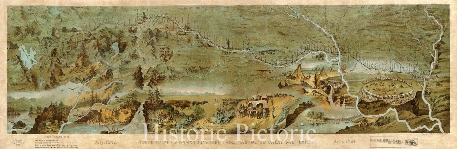 Historic Map - Route of the Mormon Pioneers From Nauvoo To Great Salt Lake. Feb'y 1846 July, 1847, 1899, Millroy & Hayes - Vintage Wall Art