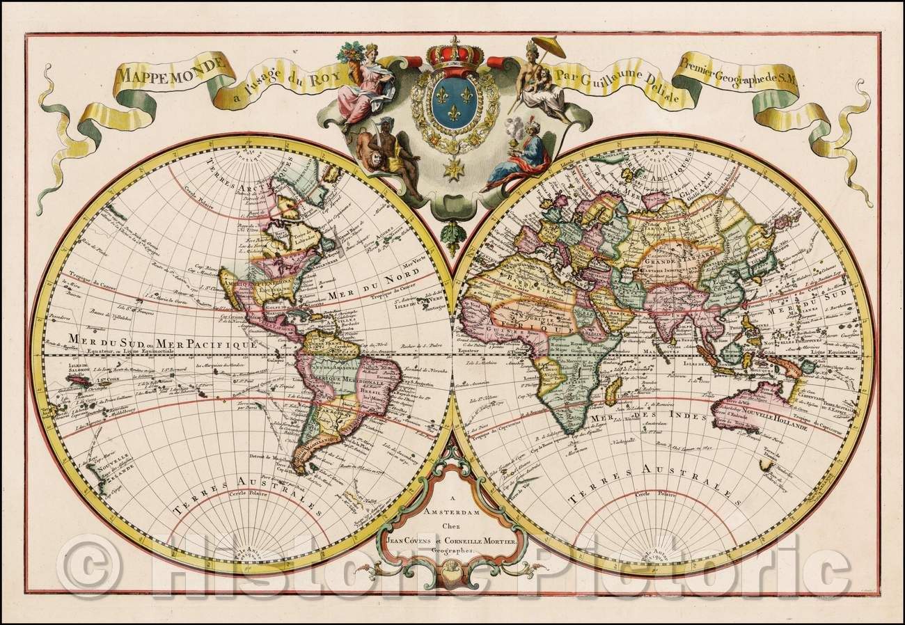 Historic Map - Mappemonde a l'usage du Roy Par Guillaume Delisle Premier-Geographe de S.M, 1730, Johannes Covens v1