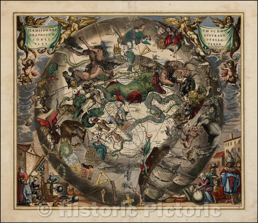 Historic Map - Haemisphaerium Scenographicum Australe Coeli Stellati Et Terra/Haemisphaerium Scenographicum Southern Stellati Coeli Et Terra, 1708 - Vintage Wall Art