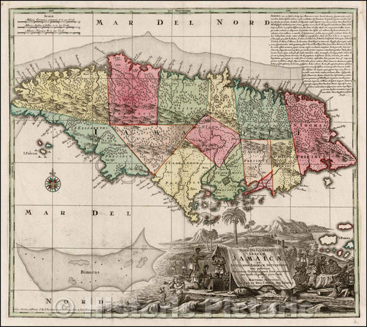 Historic Map - Nova Designatio Insulae Jamaicae ex Antillanis Americae Septentrion. non postremae Secundum Gubernationes, 1730, Matthaus Seutter v1