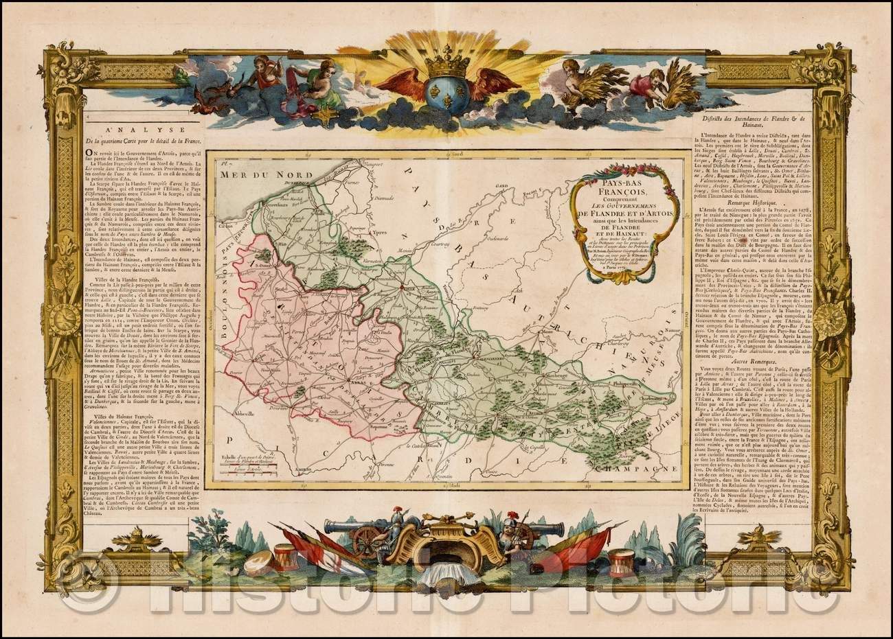 Historic Map - Pays-Bas Francois/Map of the French part of Belgium,large cartouche and fantastic Baroque borders, 1771, Louis Brion de la Tour - Vintage Wall Art