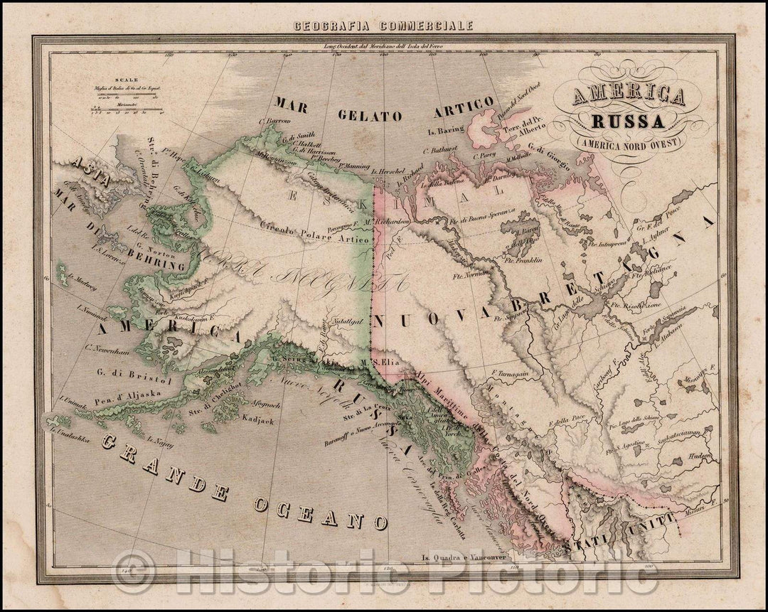 Historic Map - America Russa (America Nord Ouest) :: Alaska, parts of Canada and the US, extending to the Upper Missouri River and the Fraser River, 1858 - Vintage Wall Art