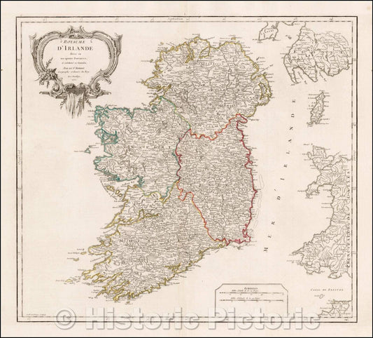 Historic Map - Royaume D'Irlande, 1750, Gilles Robert de Vaugondy - Vintage Wall Art