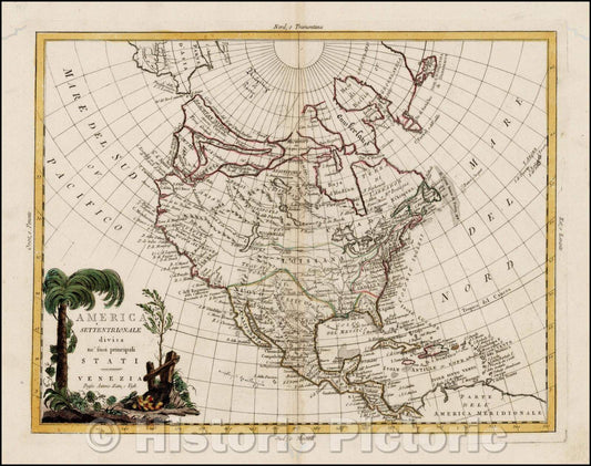 Historic Map - America Settentrionale divisa ne' suoi principali Stati / 18th Century Map of North America, Nortwest Coast of America and the Region, 1776 - Vintage Wall Art