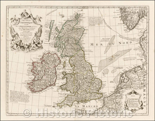 Historic Map - Les Isles Britanniques ou sont l'Rme. d'Angeleterre, tire de Sped celuy d', 1745 - Vintage Wall Art