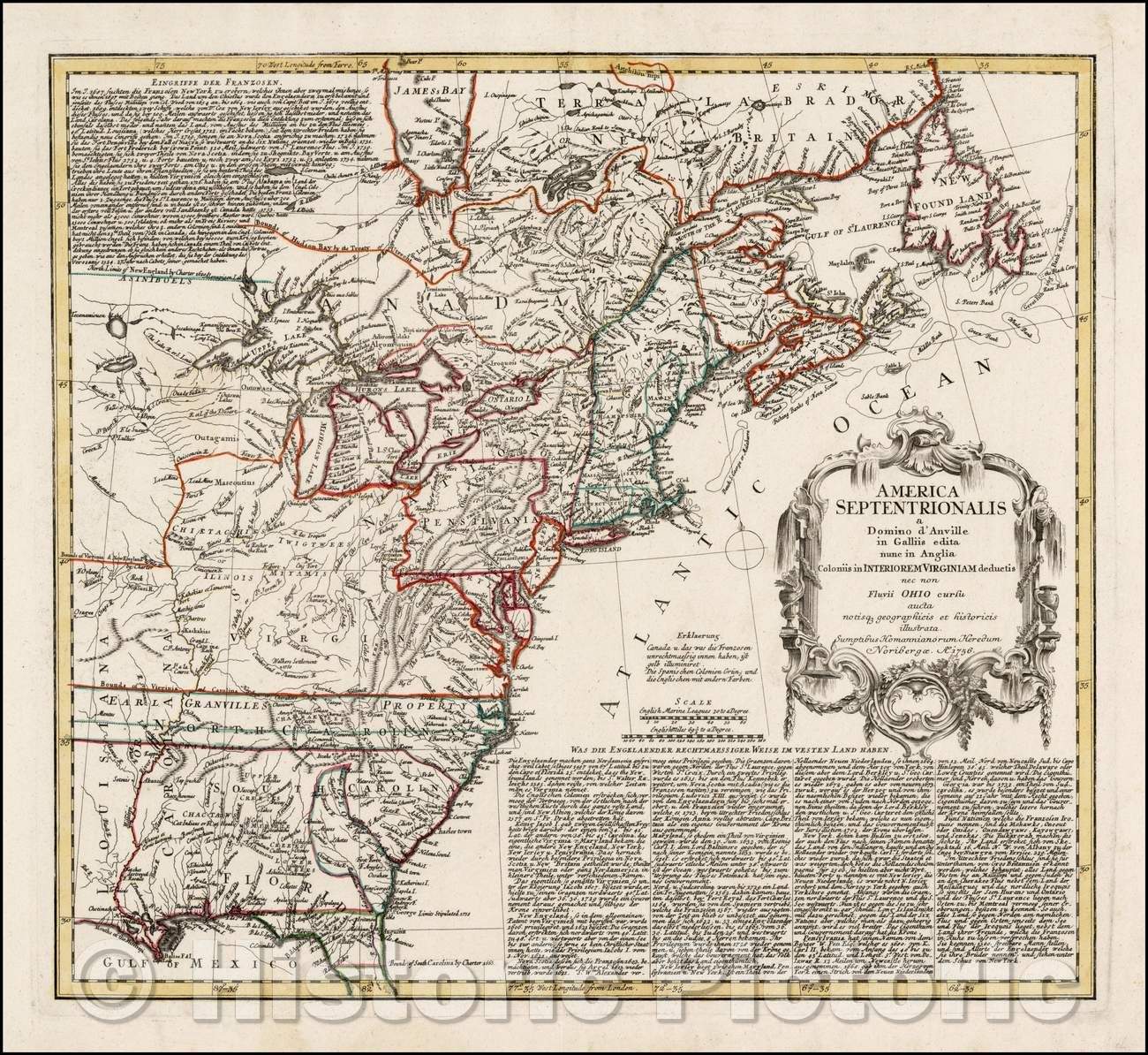 Historic Map - America Septentrionalis a Domino d'Anville in Galliis edita nunc in Anglia Coloniis in Interiorem Virginiam, 1756, Homann Heirs v1