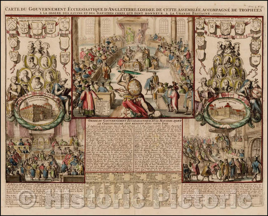 Historic Map - Carte Du Gouvernement Ecclesiastique D'Angleterre: Lordre De Cette Assemblee, Accomagne De Trophees A la Gloire Des Savans, 1719, Henri Chatelain v1