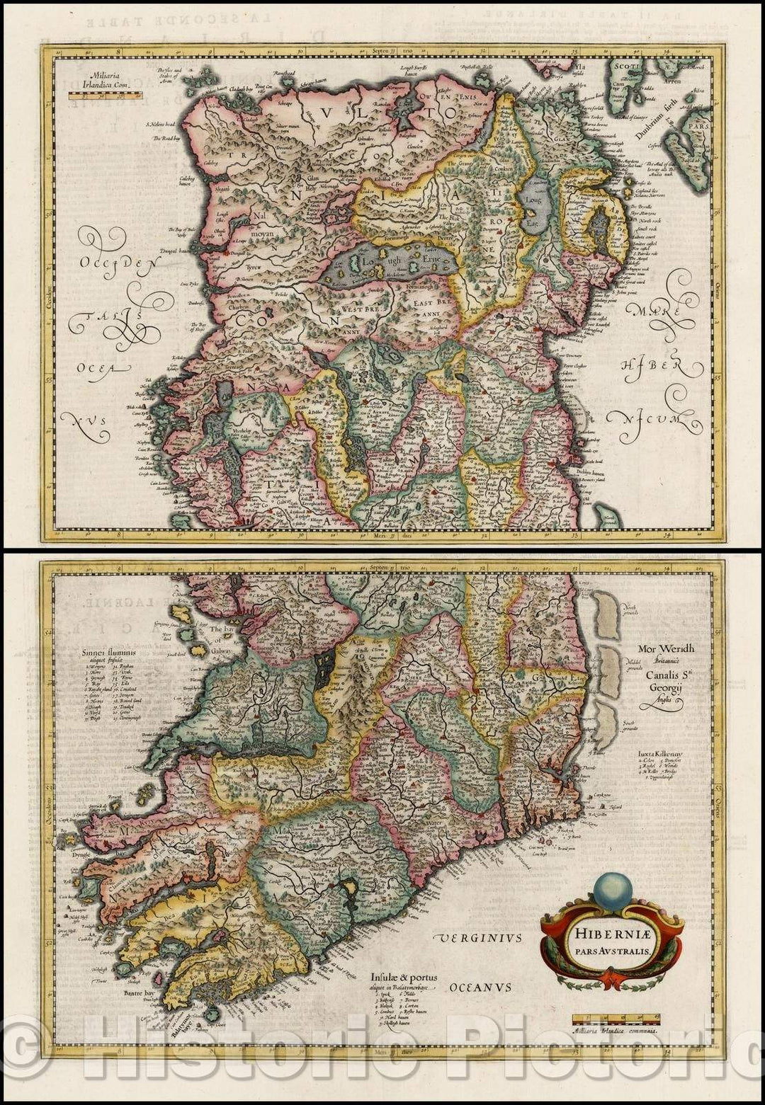 Historic Map - Ireland, Hibernia Pars Australis and Pars Borealis, 1630, Henricus Hondius - Vintage Wall Art