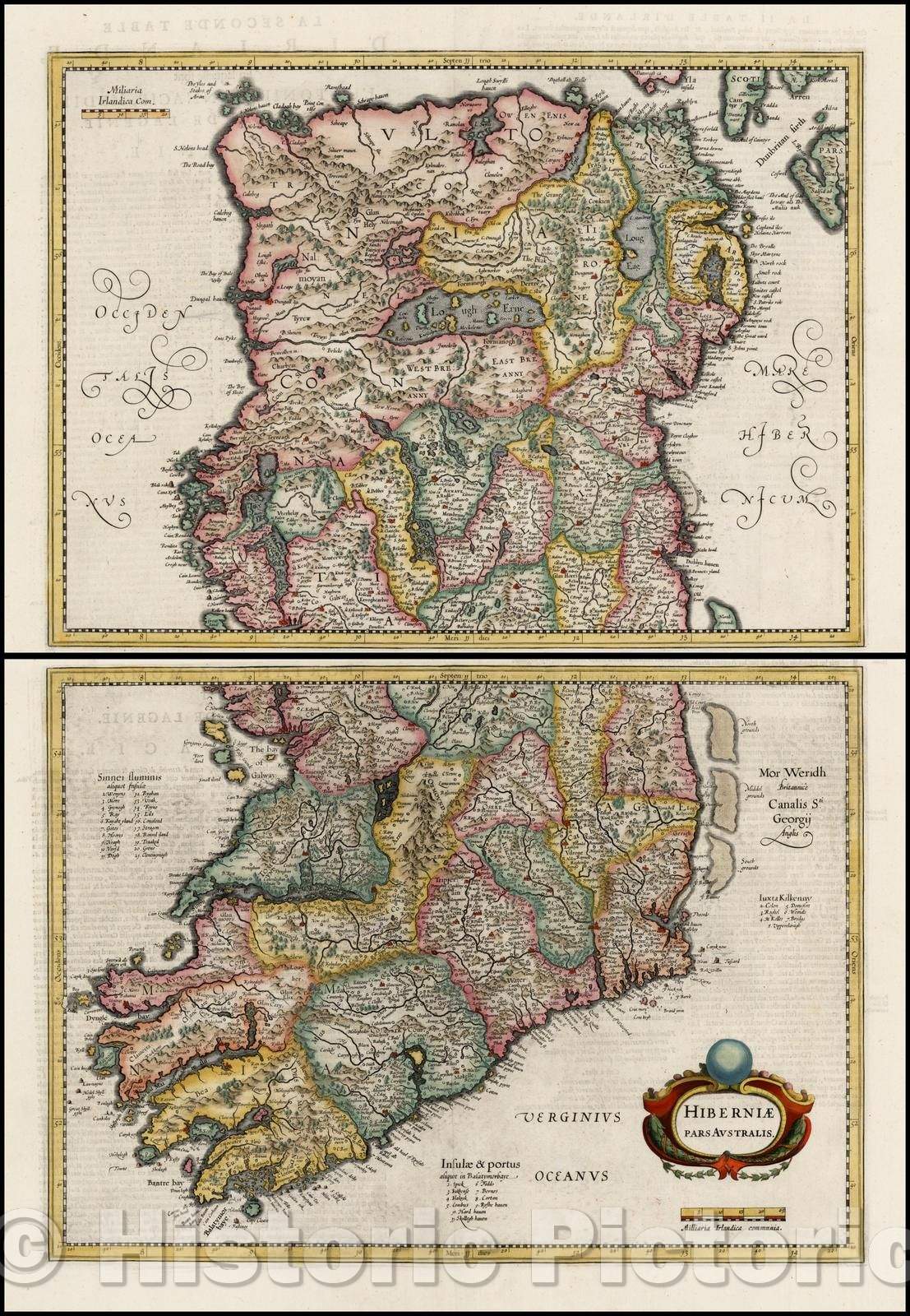 Historic Map - Ireland, Hibernia Pars Australis and Pars Borealis, 1630, Henricus Hondius - Vintage Wall Art