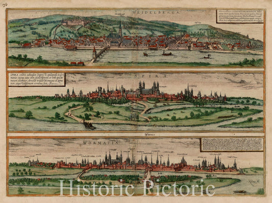 Plans of Heidelberg, Worms and Speyer, 1575 - Historical Map Print