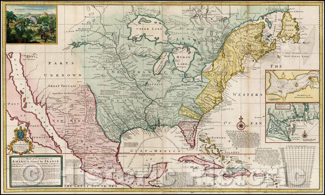 Historic Map - A New Map of the North Parts of America, Louisiana, Mississipi, Canada and New France, 1740, Herman Moll - Vintage Wall Art