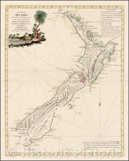 Historic Map - La Nuova Zelanda trascorsa nel 1769 e 1770 d'al Cook Comandante dell' Endeavour Vascello di S. M. Britannica, 1778, Antonio Zatta v1