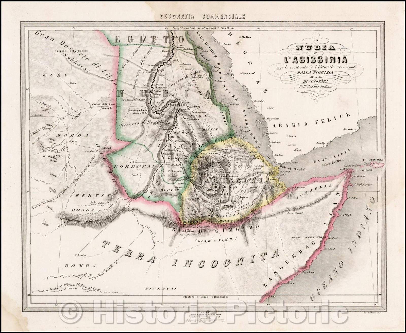 Historic Map - La Nubia e L'Abissinia :: Upper Nile, Nubia Abissinia, Gulf of Aden, Somalia, from Marmocchi's Geografia Commercialei's Geografia Commerciale, 1850 - Vintage Wall Art