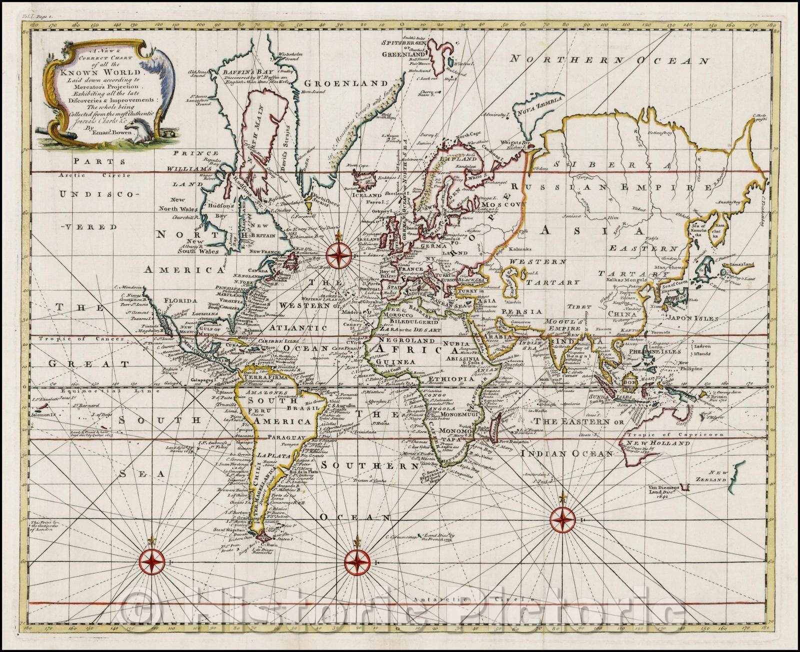 Historic Map - A New and Correct Chart of all the Known World Laid down according to Mercator's Projection, 1744, Emanuel Bowen v1