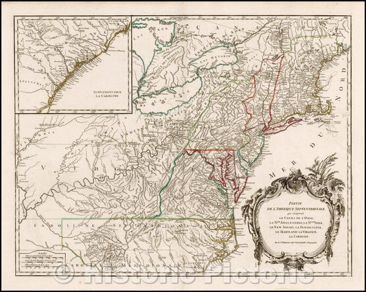 Historic Map - Northern part of America/Le Cours De L'Ohio, La N.lle Angleterre, a Nlle York, le New Jersey, La Pensyvanie, Le Maryland, Le Virginie, 1760 - Vintage Wall Art