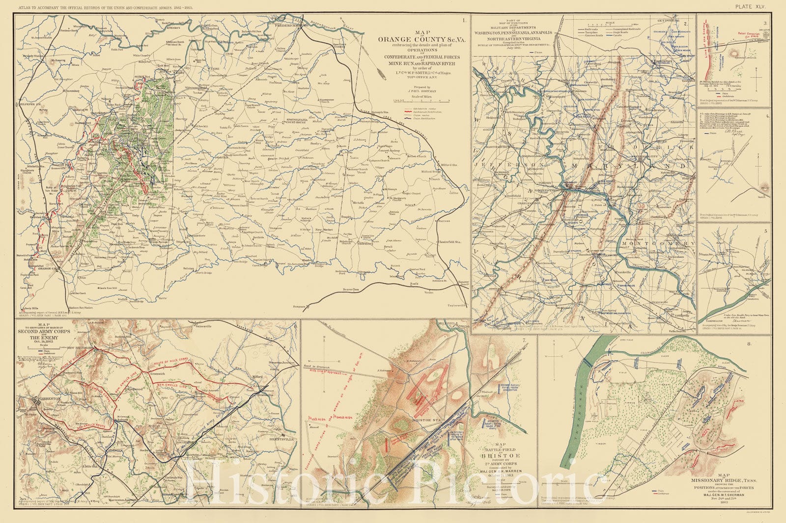 Historic Map - Map of Orange County Va. embraciing the details and plans of Operations of Confederate and Federal Forces at Mine Run and Rapidan River, 1891 - Vintage Wall Art