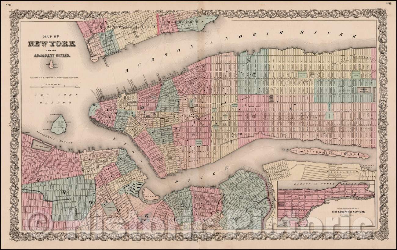 Historic Map - Map of New York And the Adjacent Cities, 1855, Joseph Hutchins Colton v1