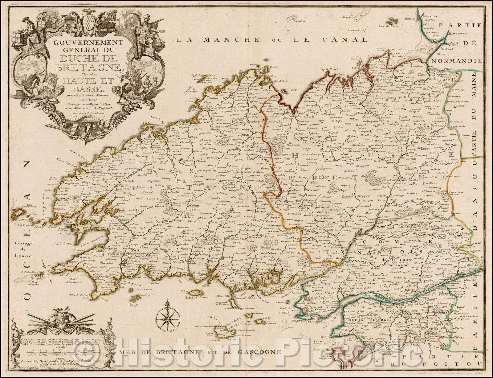 Historic Map - Gouvernement General Du Duche De Bretagne, Divisee Haute et BAsse/Map of Bretagne (Brittany), 1711, Nicolas de Fer - Vintage Wall Art
