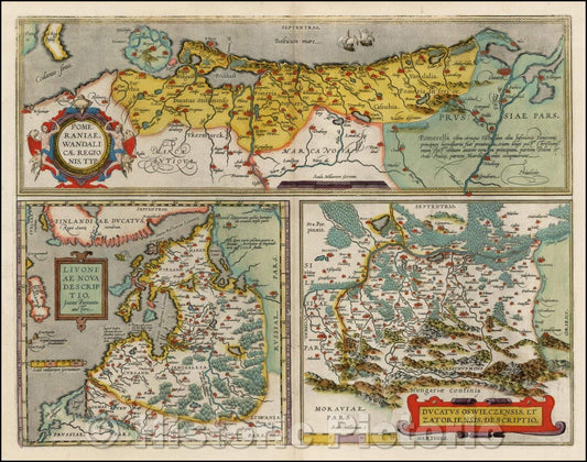 Historic Map - Pomeraniae, Wandalicae Regionis Typ with Livoniae Nova Descriptio with Ducatus Oswieczensis, et Zatoriensis, Descriptio, 1587, Abraham Ortelius - Vintage Wall Art