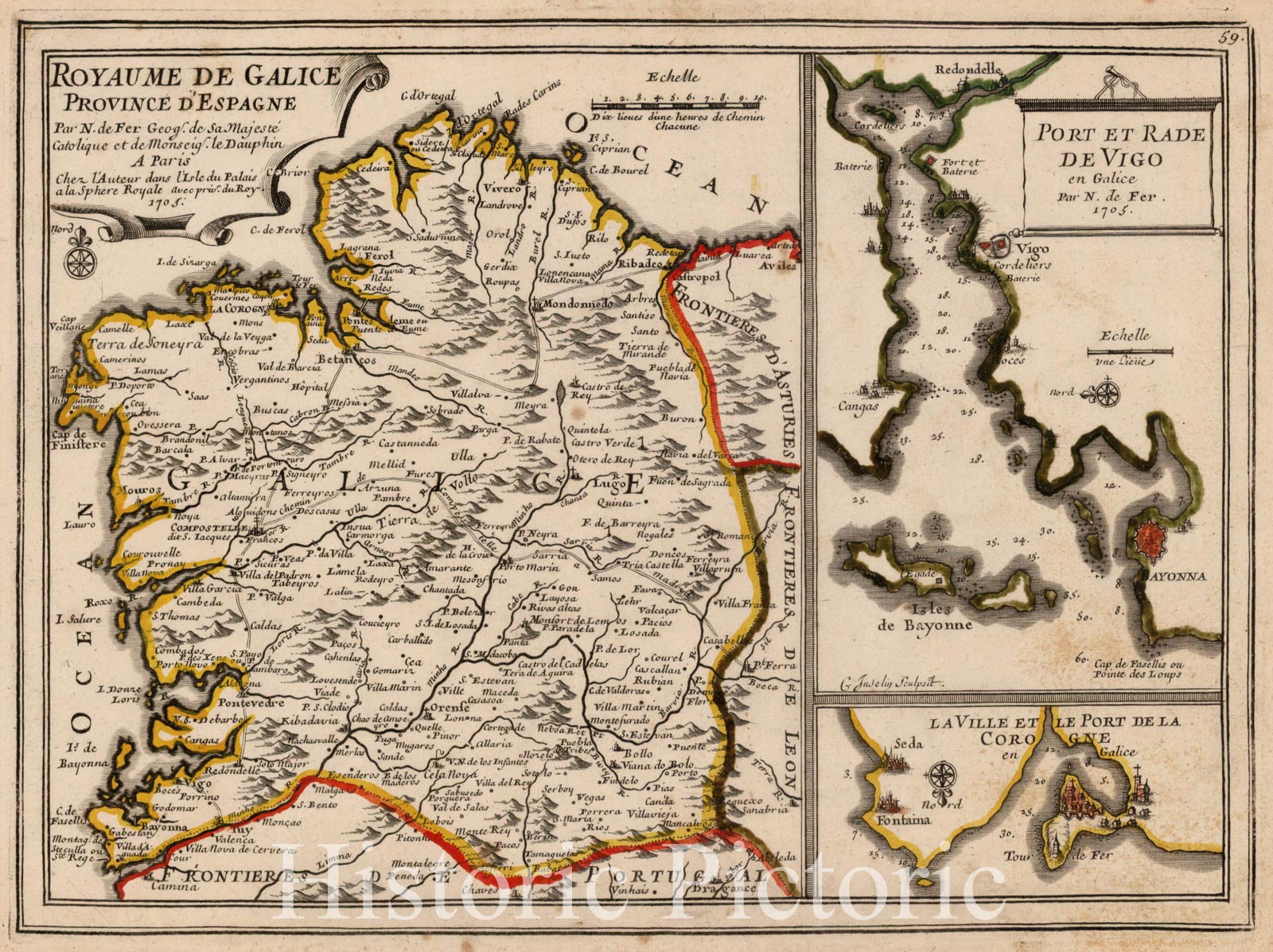 Galicia Province of Spain: Vigo & La Coruña - 1705 Historical Map Print