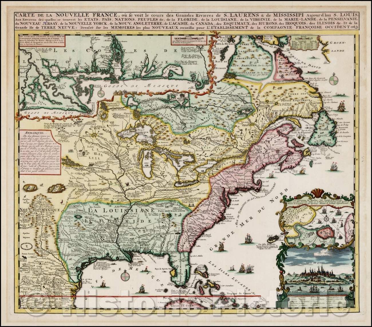 Historic Map - Carte De La Nouvelle France, ou se voit le cours des Grandes Rivieres de. S. Laurens & de Mississipi, 1719, Henri Chatelain v2