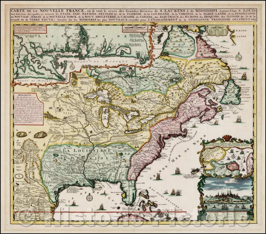 Historic Map - Carte De La Nouvelle France, ou se voit le cours des Grandes Rivieres de. S. Laurens & de Mississipi, 1719, Henri Chatelain v2