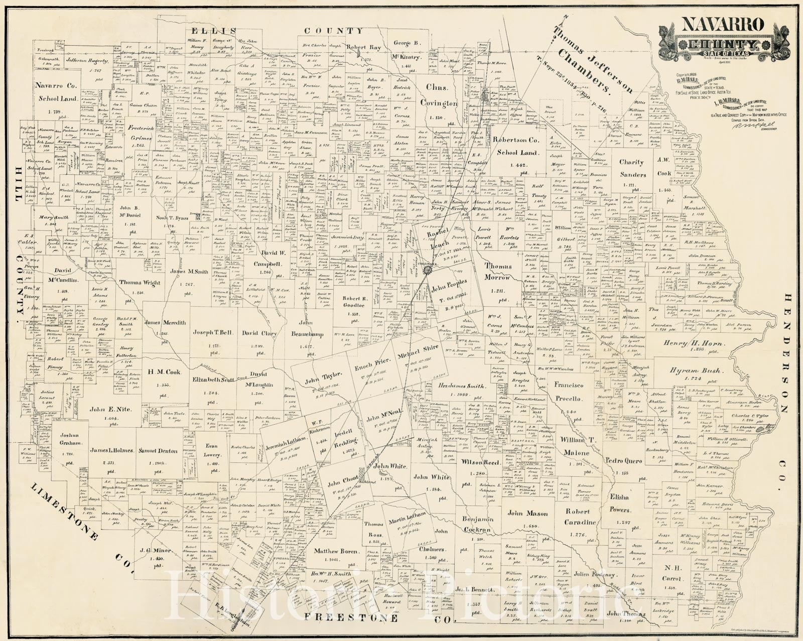 Historic Map - Navarro County. State of Texas, 1888, R.M. Hall - Vintage Wall Art