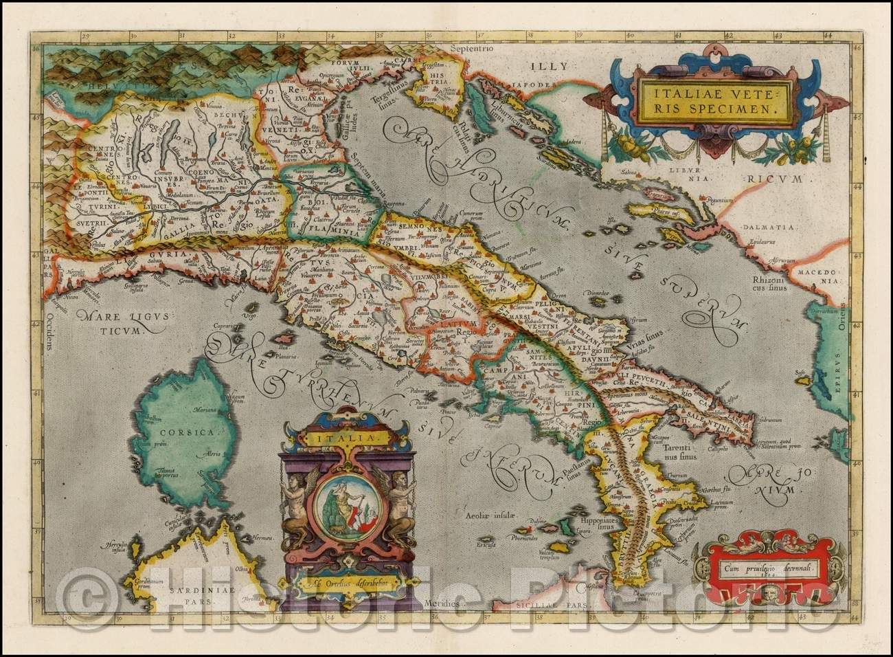 Historic Map - Italiae Veteris Specimen, 1595, Abraham Ortelius - Vintage Wall Art