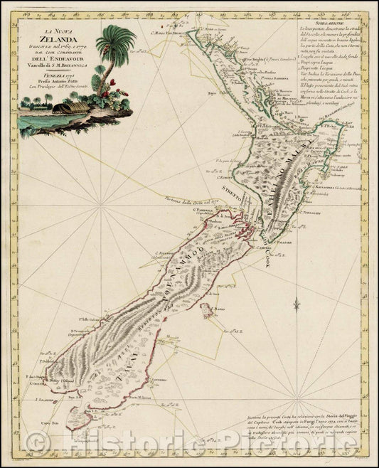 Historic Map - La Nuova Zelanda trascorsa nel 1769 e 1770 d'al Cook Comandante dell' Endeavour Vascello di S. M. Britannica, 1778, Antonio Zatta v2