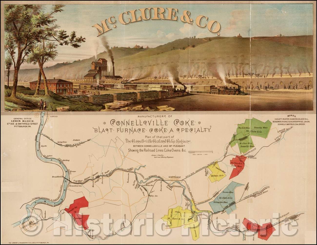 Historic Map - Birdseye View and) Plan of that Part of The Connellsville Coal and Coke Blast Regions Between Connellsville and Mt. Pleasant, 1886, Armour & Co. - Vintage Wall Art