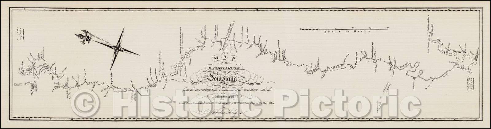 Historic Map - Map of the Washita river in Louisiana from the Hot Springs to the confluence of the Red River with the Mississippi, 1804, George T. Dunbar v4