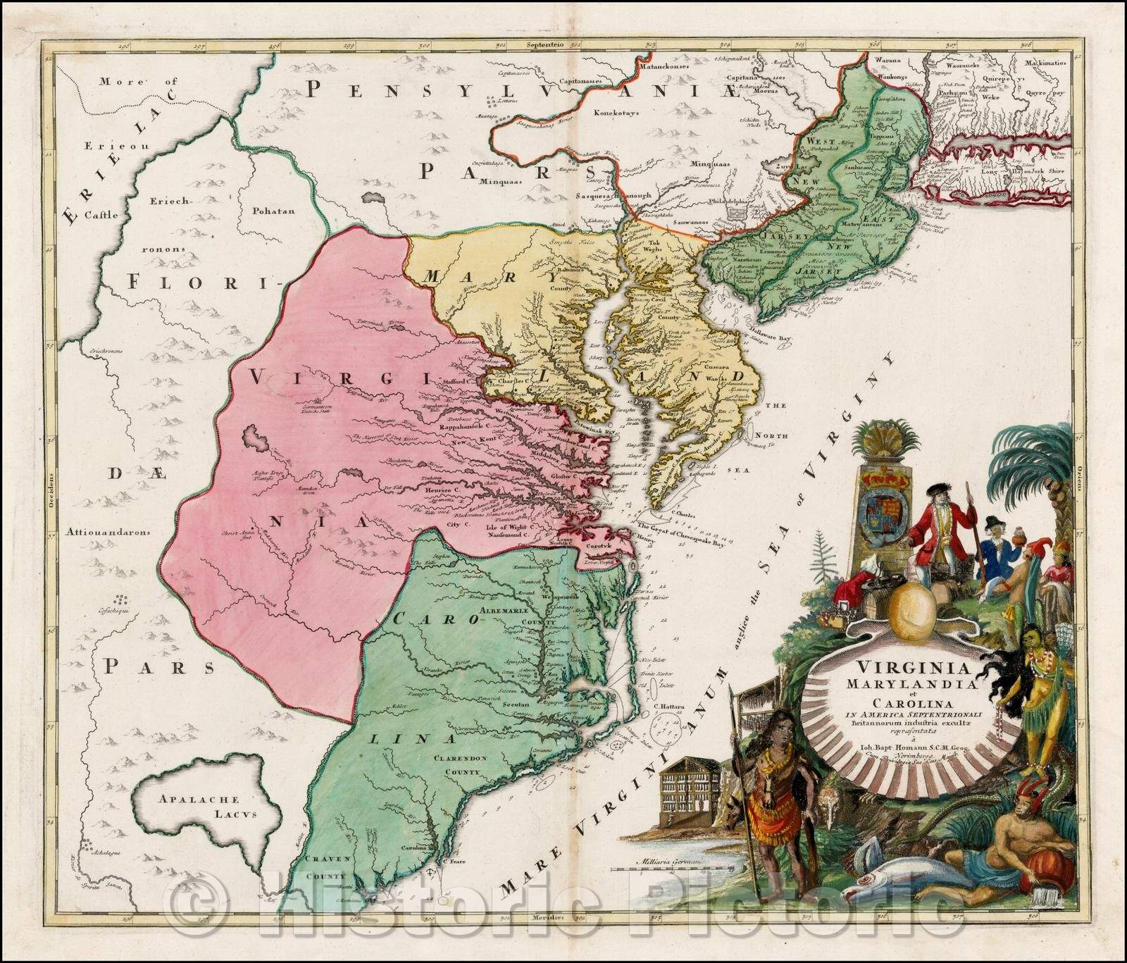 Historic Map - Virginia, Maryland, North Carolina and South Carolina/Marylandia et Carolina In America Septentrionali Britannorum, 1720, Johann Baptist Homann v4