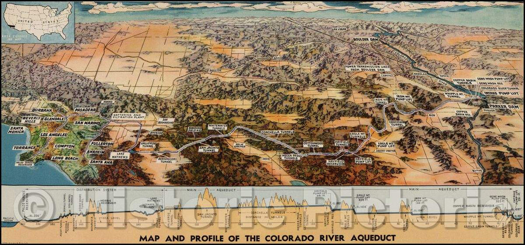 Historic Map - Map and Profile of the Colorado River Aqueduct, 1940, Anonymous - Vintage Wall Art