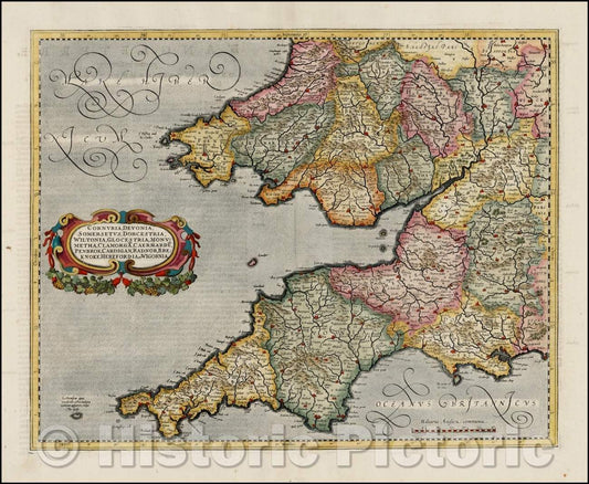 Historic Map - Cornubia, Deonia, Somersetus, Dorcestria, Witlonia, Glocestria, Mondumetha, 1595 - Vintage Wall Art