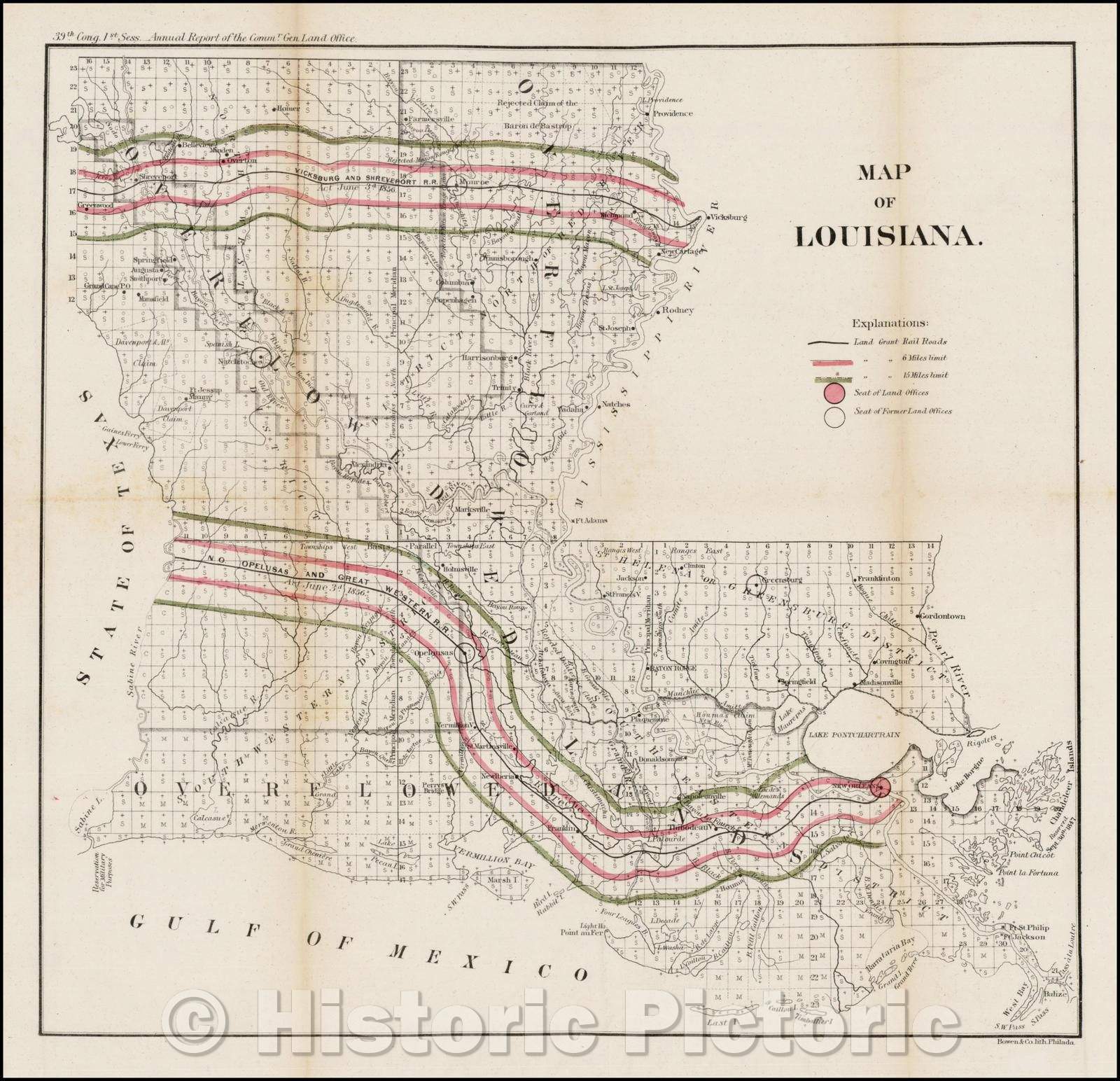 Historic Map - Map of Louisiana, 1866, General Land Office - Vintage Wall Art