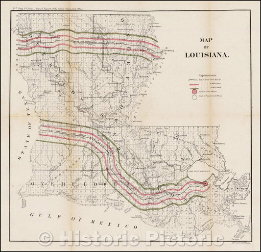 Historic Map - Map of Louisiana, 1866, General Land Office - Vintage Wall Art