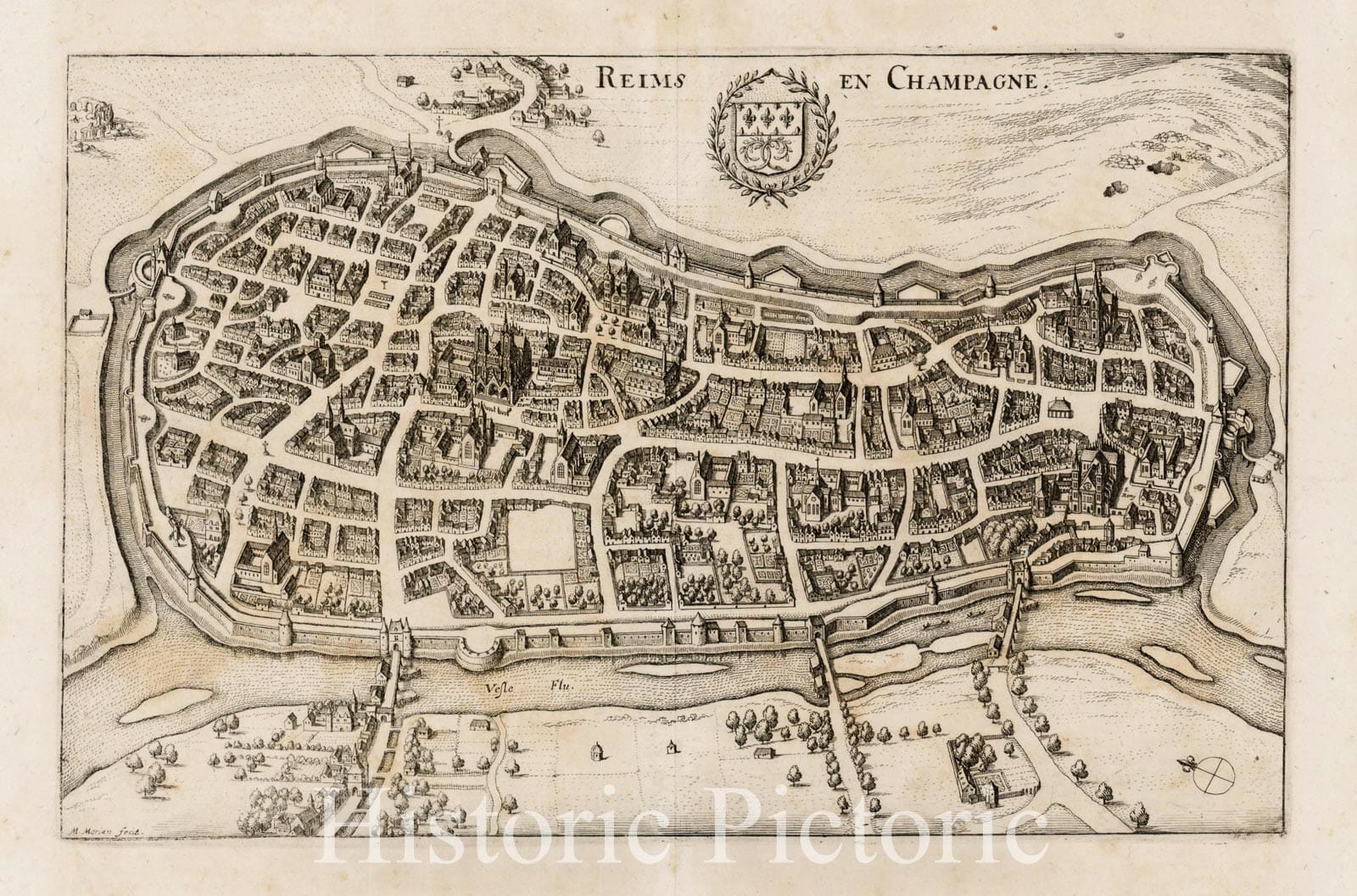 Historic Map - Reims En Champagne/Birdseye View of Reims in Champagne, from Merian's Neuwe Archontologica Cosmica, 1638, Matthaus Merian - Vintage Wall Art