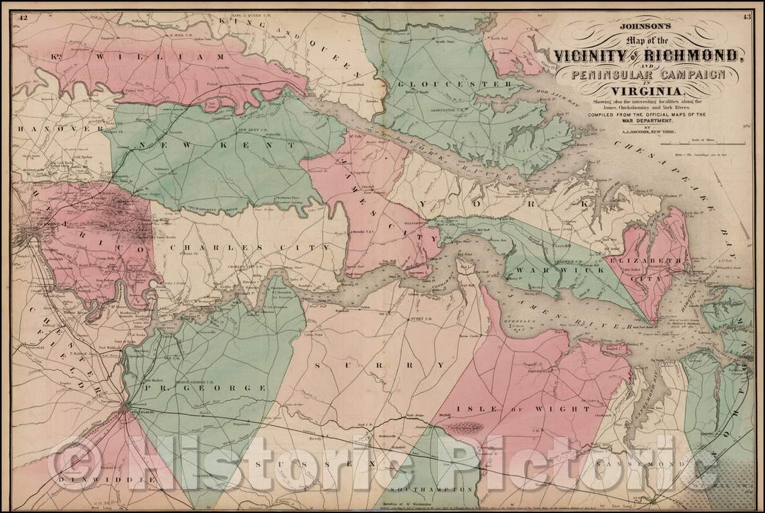 Historic Map - Johnson's Map of the Vicinity of Richmond, Peninsular Campaign in Virginia, 1862, Benjamin Ward v2