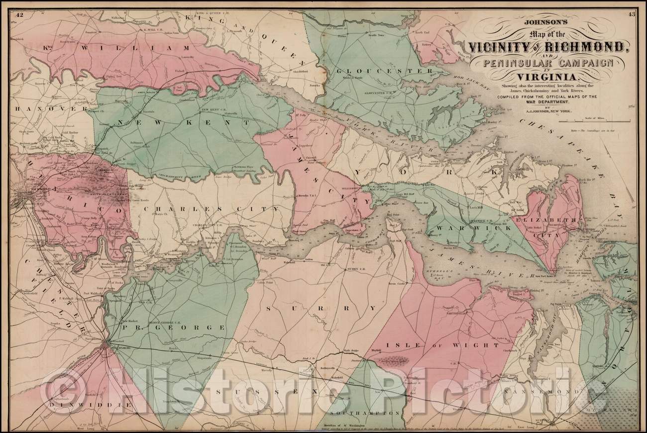 Historic Map - Johnson's Map of the Vicinity of Richmond, Peninsular Campaign in Virginia, 1862, Benjamin Ward v2