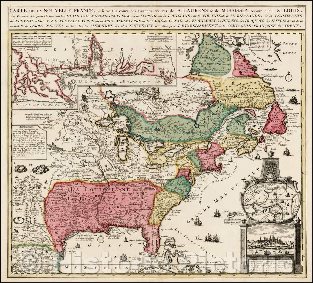 Historic Map - Nouvelle France, ou se voit le cours des Grandes Rivieres de. :: Of New France, or seen over the Grandes Rivieres. S. Laurens & Mississi, 1719 - Vintage Wall Art